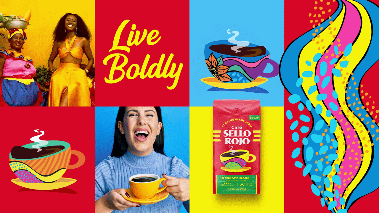 Collage of vibrant, colorful images featuring women enjoying coffee, coffee cups with abstract designs, and a package of Café Sello Rojo coffee, with bold text saying 'Live Boldly'.